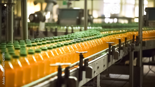 Conveyor belt, juice in plastic bottles on beverage plant or factory interior, industrial manufacturing production line. 