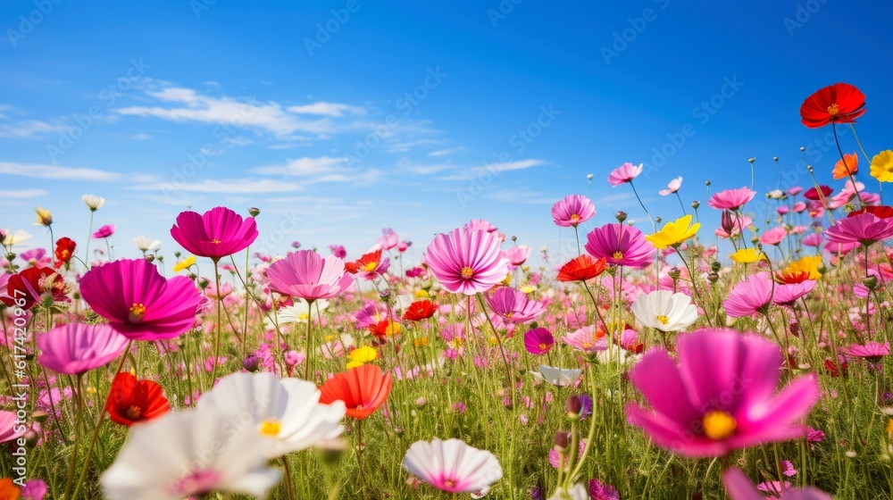 Nature floral background in early summer. Colorful natural spring landscape with with flowers, soft selective focus, Generative AI illustration