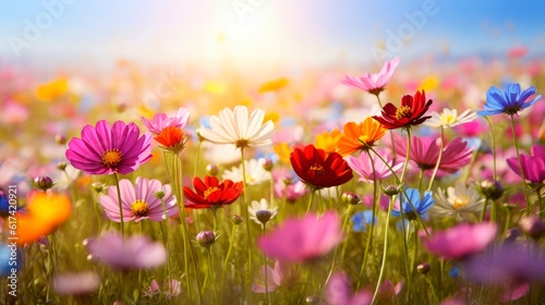 Nature floral background in early summer. Colorful natural spring landscape with with flowers, soft selective focus, Generative AI illustration