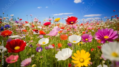 Nature floral background in early summer. Colorful natural spring landscape with with flowers  soft selective focus  Generative AI illustration