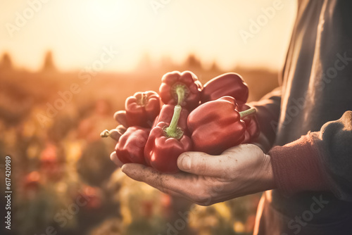 Man s Farmer hands holding  pepper in the field at sunset. Raw healthy food concept. Concept of biological  bio products.