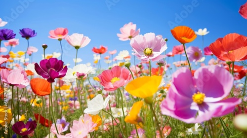 Nature floral background in early summer. Colorful natural spring landscape with with flowers, soft selective focus, Generative AI illustration © AITTHIPHONG