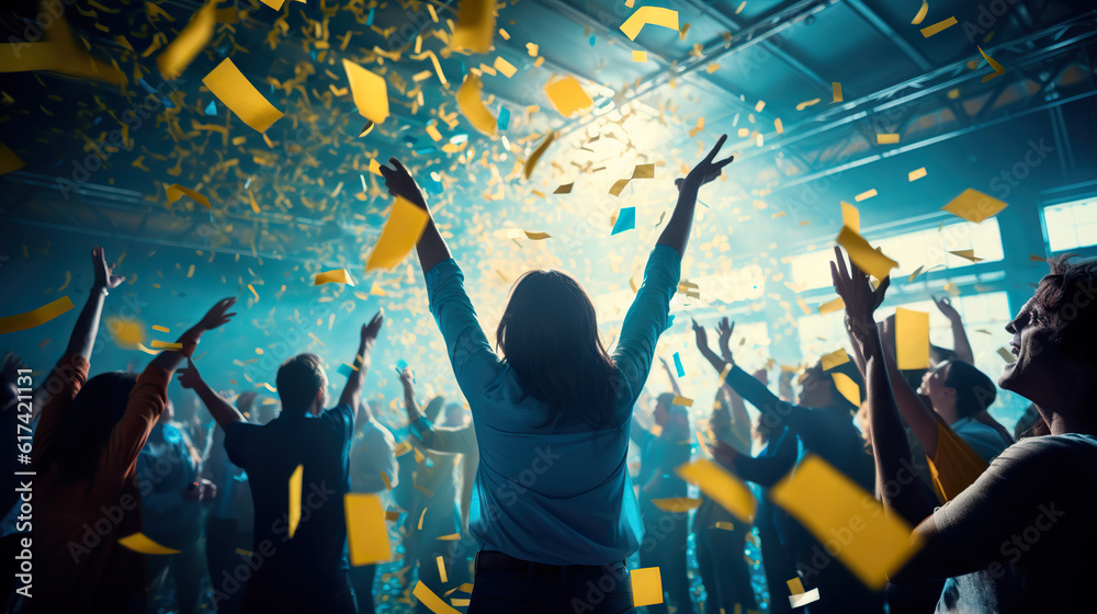 people dancing with blue and yellow confetti people dancing with blue and yellow confetti