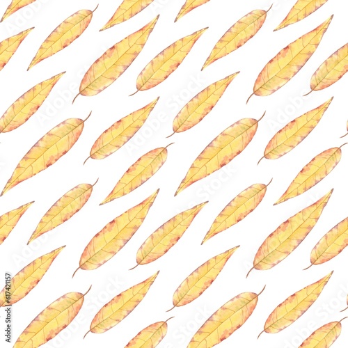 Yellow autumn willow leaves seamless pattern on white background. Watercolor illustration drawn by hand.  Simple nature pattern for printing.
