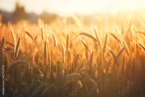 Golden wheat field and sunny day. Background of ripening ears of wheat field.  