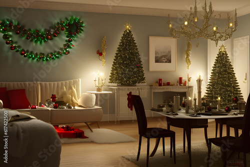 Room decorated in Christmas style to create a peaceful and relaxing atmosphere during the Christmas holidays. Generative ai illustration. Neural network generated art