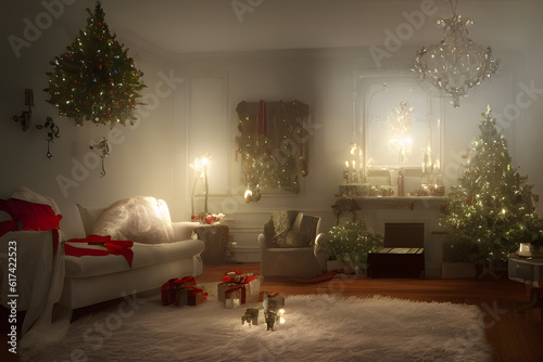 Room decorated in Christmas style to create a peaceful and relaxing atmosphere during the Christmas holidays. Generative ai illustration. Neural network generated art