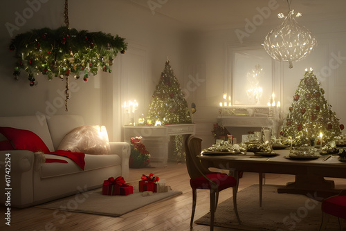 Room decorated in Christmas style to create a peaceful and relaxing atmosphere during the Christmas holidays. Generative ai illustration. Neural network generated art