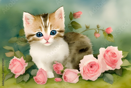 Painting of a cute kitten with blue eyes in a snowdrop field generated by artificial intelligence. Generative ai illustration
