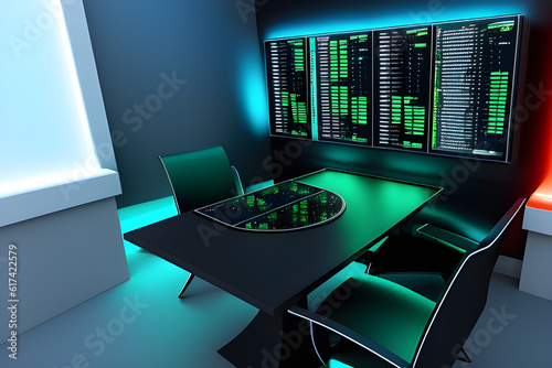 Futuristic office concept for a manager dealing with stocks on the investment market. Generative ai illustration