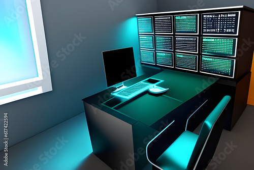 Futuristic office concept for a manager dealing with stocks on the investment market. Generative ai illustration