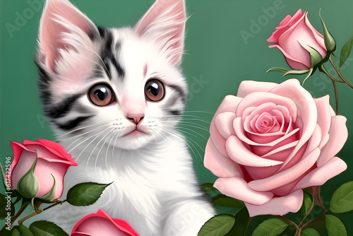 Painting of a cute kitten with brown eyes surrounded by roses generated by artificial intelligence. Generative ai illustration