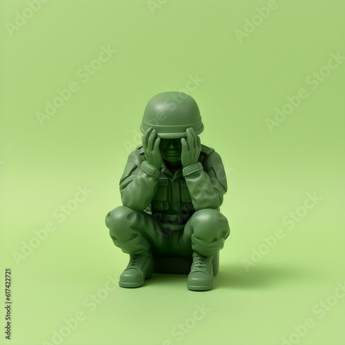 green army man toy crouched holding face isolated on plain studio background made with generative ai