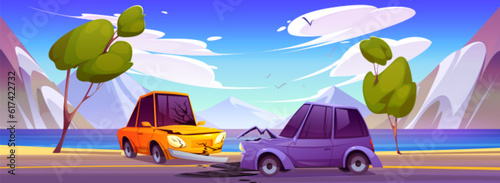 Car accident on road against mountain lake background. Vector cartoon illustration of two smashed autos standing on highway after bumper collision, oil stain on asphalt. Traffic rules violation