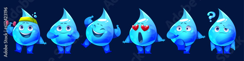 Set of water drop mascots with different emotions. Vector cartoon illustration of cute aqua droplets execising with dumbbell, smiling, laughing, jumping, in love, scared, thinking with question mark