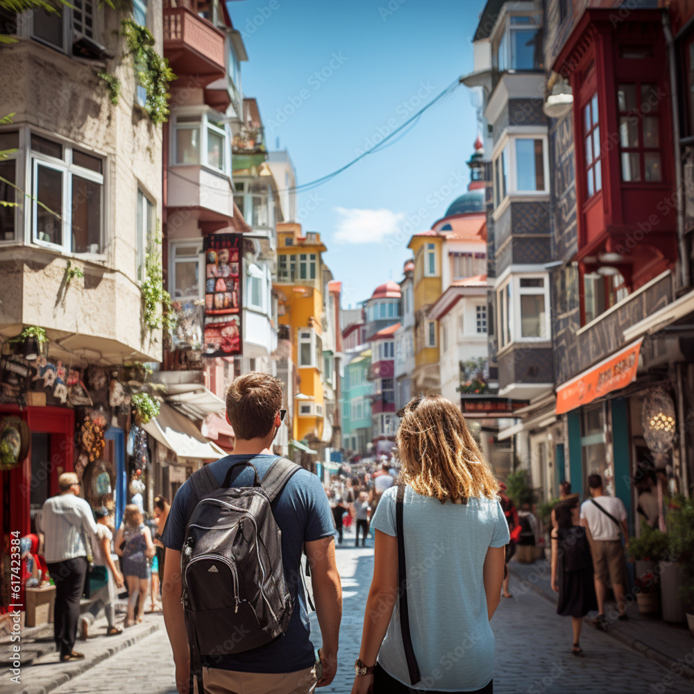 Fototapeta premium Tourists in Istanbul. Generative AI.