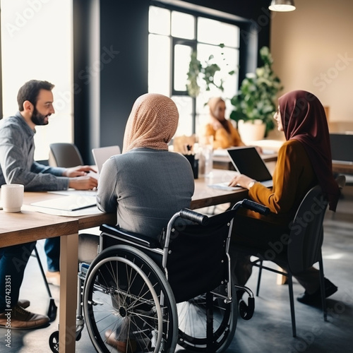 Multiethnic and inclusive work team working in an office. Generative AI.