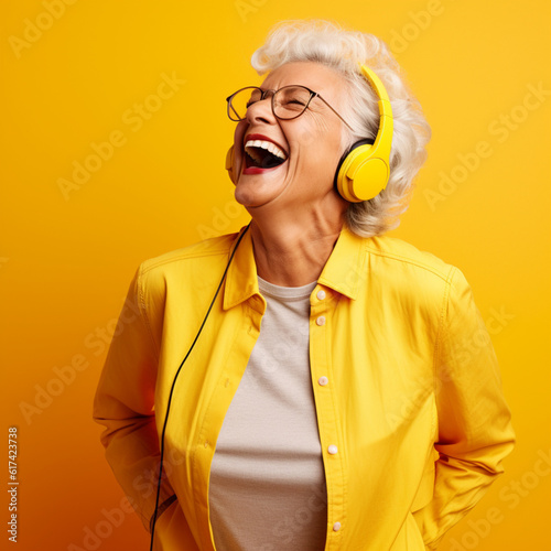 Happy senior woman listening to music. Generative AI.