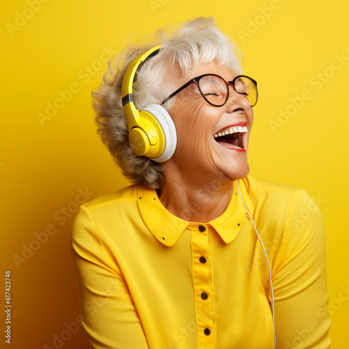 Happy senior woman listening to music. Generative AI.