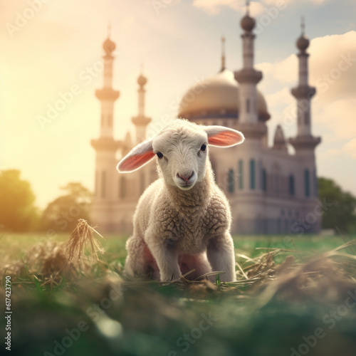 Lamb next to a mosque. Eid Mubarak concept. Generative AI.
