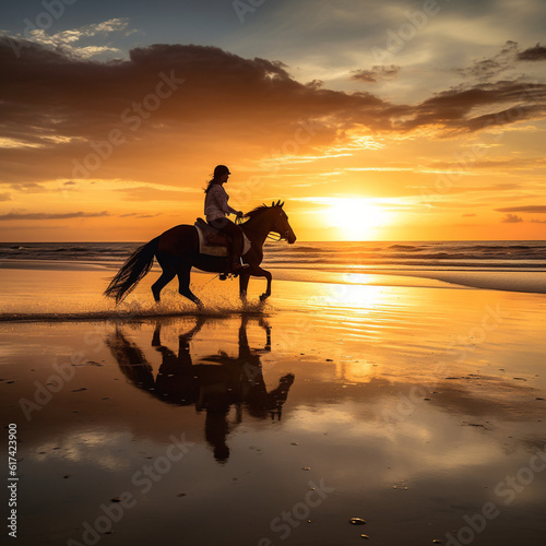 Riding a horse on the beach at sunset. Generative AI.