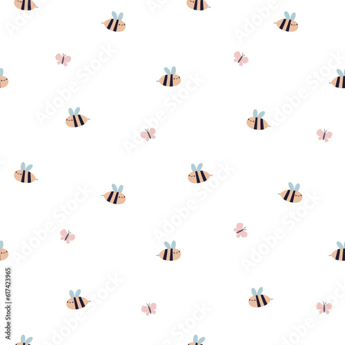 Bumblebees and butterflies, seamless pattern. Cute flying insects, endless ba...