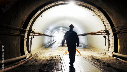 Fotografía Underground tunnel construction with silhouette of walking worker