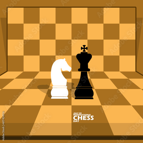 A black king chess piece and a white horse on a chessboard with bold text on light brown background to commemorate International Chess Day on July 20