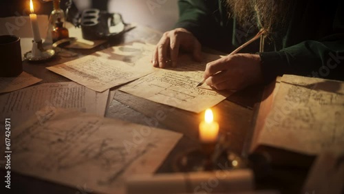 Close Up on Hand of Old Renaissance Male Using Ink and Quill to Write New Ideas. Dedicated Historian Taking Notes, Writing a Book about the Important and Innovative Eras in the History of Humanity photo