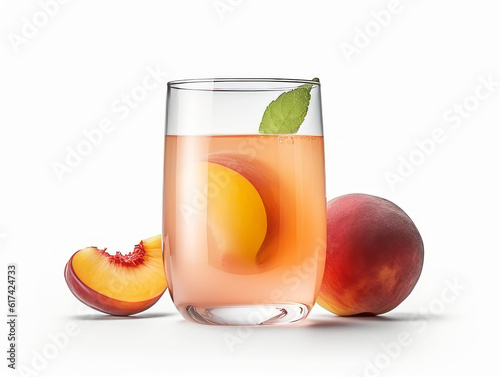 Glass with peach juice isolated on white background.