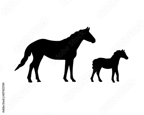 Horse and young foal silhouette. Farm domestic animal. Baby mustang and mother. Wild mammal animal. Vector illustration