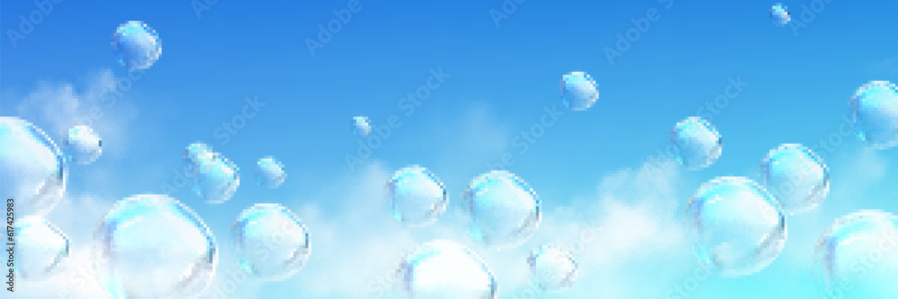 Obraz premium Realistic soap bubbles flying high in blue sky with fluffy white clouds. Vector illustration of transparent balls floating in air, laundry foam balls with glossy surface. Symbol of freedom, happiness