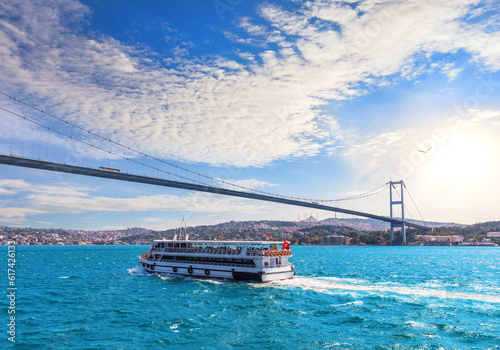 Obraz na płótnie Ship is sailing near the Bosphorus bridge and modern Istanbul view, Turkey w salonie