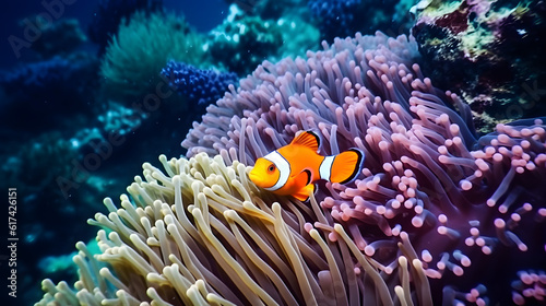 Nemo fish among coral reefs. Marine environment. AI generated