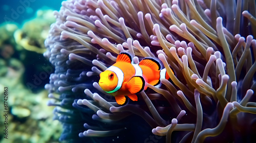 Nemo fish among coral reefs. Marine  environment. AI generated © ZayWin