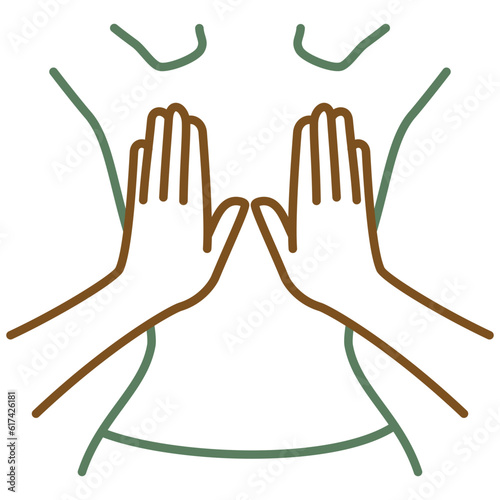 Two hands massaging another person waist. Vector bicolor outline icon of the back massage isolated on transparent background. Simple green - brown sketch