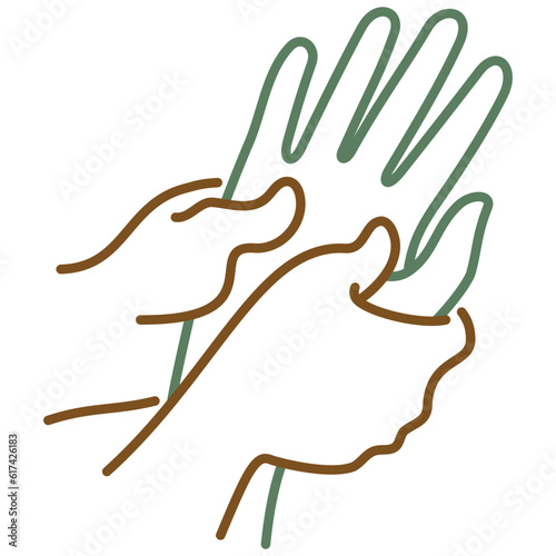 Two hands massaging another person hand. Vector bicolor outline icon of the palm massage isolated on transparent background. Simple green - brown sketch
