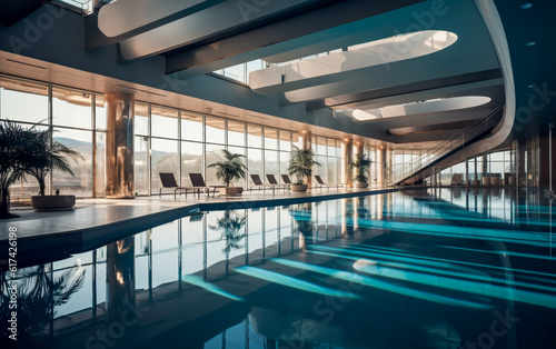 Interior design. Indoor swimming pool. The architecture is modern with concrete   steel and glass