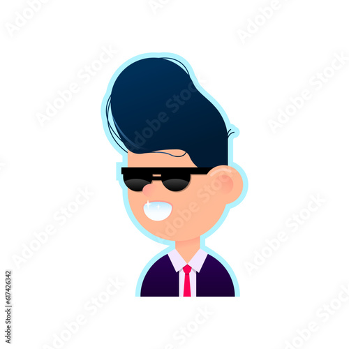 A young businessman in black glasses and a business suit with a fashionable hairstyle with a snow-white, beaming smile. Flat style character design on isolated white background. Vector illustration.