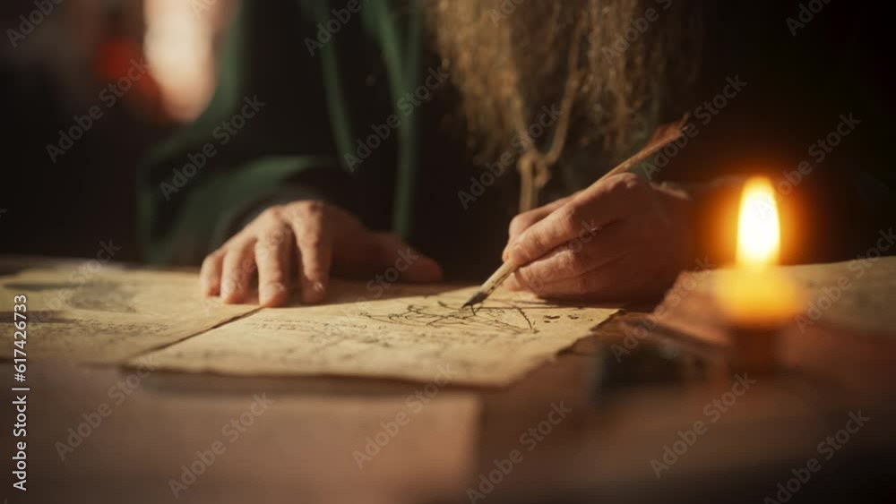 Invention Ink Close Up on Old Renaissance Male Hand Using Ink and Quill to Draw a ...