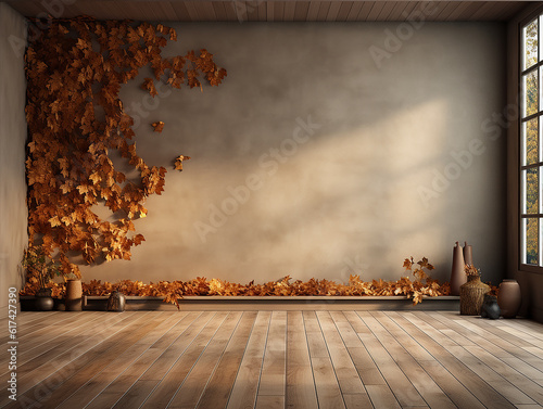 parete autunnale con texture foglie e zucche, parete digitale per manipolazione fotografica stagionale, muro grunge con folgie ideale per inserimento persone o prodotti, colori caldi autunnali photo
