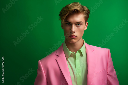 Generative AI illustration of elegant handsome male in trendy green shirt and pink jacket on green background