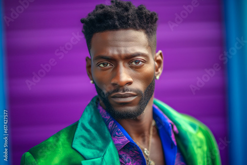 Generative AI illustration of stylish black man in trendy blue shirt and green jacket on purple background photo
