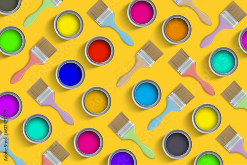 Tools paint brushes and cans of multi-colored paint. Vector background