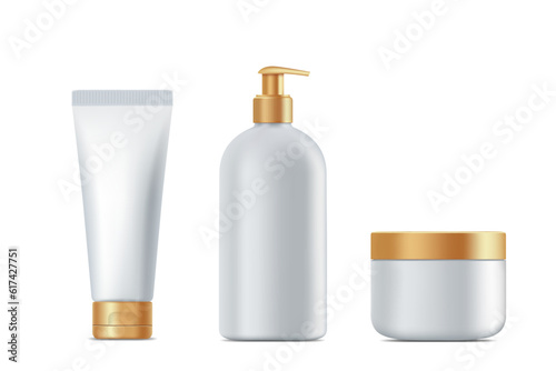 Plastic bottles mockups for cream and soap. Packaging templates set. Vector isolated on white background.