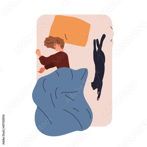 Woman and cat sleeping in bed together, top view. Girl and kitty pet asleep at night. Person dreaming, reposing, relaxing under duvet, blanket. Flat vector illustration isolated on white background