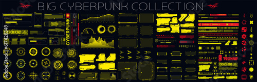 Big cyberpunk collection of retro futuristic elements for design. Retro futuristic graphic pack. Universal geometric shapes. Isolated on gray background. Data information infographic. Vector