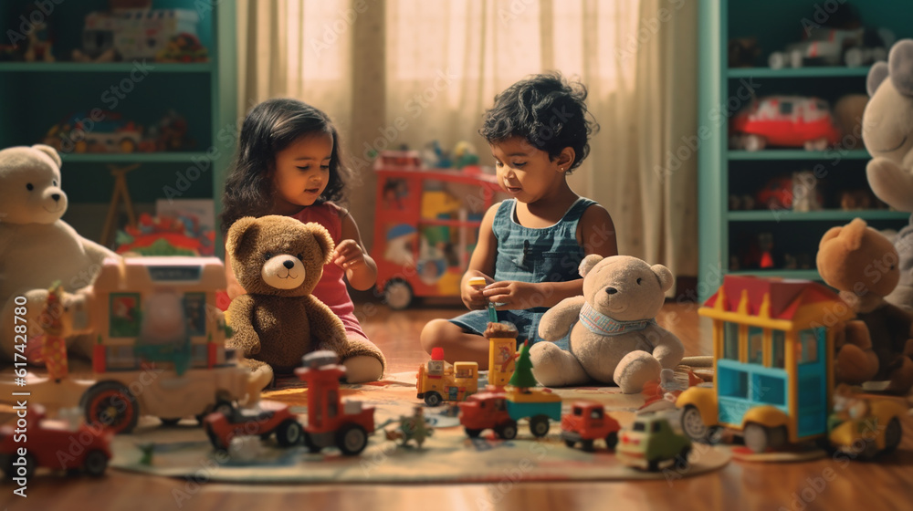 Generative AI image of two multiracial friends joyfully playing with toys in a room, celebrating friendship, diversity, and the beauty of childhood innocence.