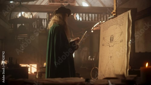 The Blend of Art and Science: Documentary Shot of Leonardo Da Vinci Working on his Famous Piece of the Vitruvian Man in his Workshop. Historical Moment Depiction of Talent and Brilliance photo