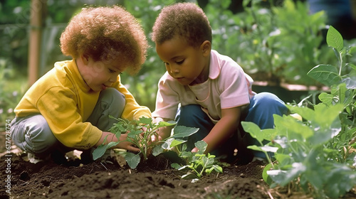 Generative AI image of two multiracial friends planting vegetables in the garden, cultivating diversity, friendship, and a shared passion for sustainable living.